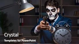  Presentation with face mask - Beautiful PPT theme featuring businessman with scary face mask backdrop and a  colored foreground