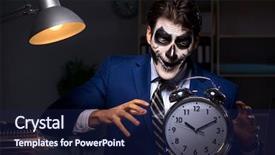  Presentation with face mask - PPT theme consisting of businessman with scary face mask background and a navy blue colored foreground