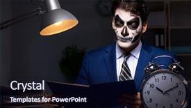  Presentation with face mask - Cool new PPT theme with businessman with scary face mask backdrop and a wine colored foreground