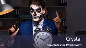  Presentation with happy sad mask face - Amazing slide deck having businessman with scary face mask backdrop and a tawny brown colored foreground