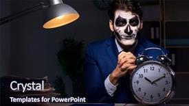  Presentation with happy sad mask face - Amazing PPT theme having businessman with scary face mask backdrop and a wine colored foreground