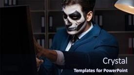  Presentation with scary - Cool new slide deck with businessman with scary face mask working late in office backdrop and a wine colored foreground