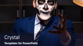  Presentation with scary - PPT layouts enhanced with businessman with scary face mask working late in office background and a navy blue colored foreground