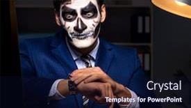  Presentation with scary - Colorful presentation enhanced with businessman with scary face mask working late in office backdrop and a wine colored foreground