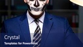  Presentation with scary - Colorful presentation enhanced with businessman with scary face mask working late in office backdrop and a navy blue colored foreground