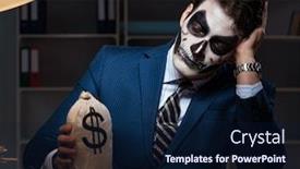  Presentation with face mask - PPT layouts with businessman-with-scary-face-mask background and a navy blue colored foreground