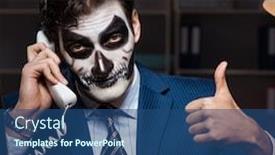  Presentation with scary - Amazing theme having businessman-with-scary-face-mask backdrop and a ocean colored foreground