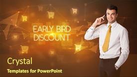  Presentation with early bird - Slide deck enhanced with businessman-with-shopping-cart-icons background and a tawny brown colored foreground