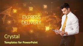  Presentation with express delivery - Colorful PPT layouts enhanced with businessman-with-shopping-cart-icons backdrop and a tawny brown colored foreground
