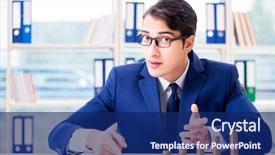  Presentation with office - Slide deck with businessman with stacks of coins background and a navy blue colored foreground