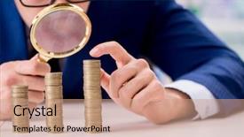  Presentation with office - PPT theme having businessman with stacks of coins background and a coral colored foreground