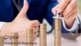  Presentation with stacks of rupee coins - PPT theme having businessman with stacks of coins background and a coral colored foreground
