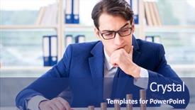  Presentation with office - Slide set enhanced with businessman with stacks of coins background and a ocean colored foreground