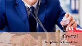  Presentation with stacks of rupee coins - Presentation design featuring businessman with stacks of coins background and a coral colored foreground