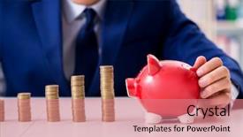  Presentation with stacks of rupee coins - Audience pleasing PPT layouts consisting of businessman with stacks of coins backdrop and a  colored foreground
