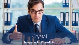  Presentation with office - Amazing PPT theme having businessman-with-stacks-of-coins backdrop and a ocean colored foreground