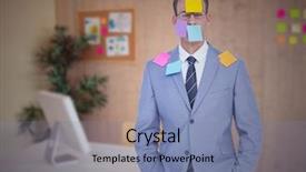  Presentation with stuck - Colorful PPT theme enhanced with businessman with sticky notes stuck on his face at office backdrop and a seafoam green colored foreground