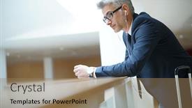  Presentation with departure - Presentation design with businessman with suitcase at airport departure hall background and a coral colored foreground