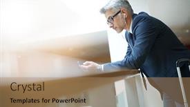 Presentation with departure - Audience pleasing theme consisting of businessman with suitcase at airport departure hall backdrop and a coral colored foreground