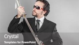  Presentation with sword - Presentation design enhanced with businessman with sword isolated background and a gray colored foreground