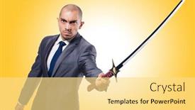  Presentation with sword - Presentation theme having businessman with sword isolated on white background and a blonde colored foreground