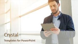  Presentation with flower office desk table - Amazing PPT theme having businessman with tablet in contemporary backdrop and a sky blue colored foreground