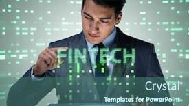  Presentation with fintech financial technology - PPT theme enhanced with businessman-with-tablet-in-financial background and a ocean colored foreground
