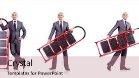  Presentation with businessman climbing the career ladder - Presentation design enhanced with businessman with the ladder isolated background and a coral colored foreground