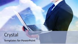  Presentation with skyscraper - Cool new PPT layouts with businessman with watch using tablet pc against skyscraper backdrop and a light blue colored foreground