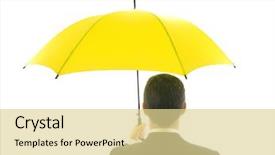  Presentation with umbrella protection - Slide deck consisting of businessman with yellow umbrella isolated on white background - protection concept background and a blonde colored foreground