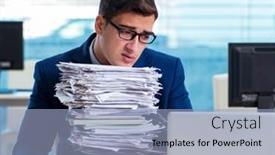  Presentation with paperwork - PPT layouts with businessman-workaholic-struggling-with-pile background and a light blue colored foreground
