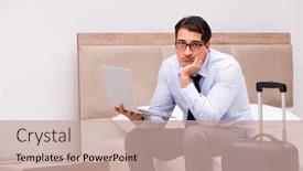  Presentation with business hotel - PPT theme with businessman working during business trip in hotel background and a coral colored foreground