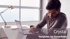  Presentation with digital pen - Beautiful theme featuring businessman-working-from-home-drawing backdrop and a gray colored foreground