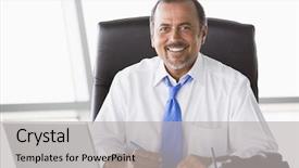  Presentation with desk - Slide deck with businessman working hard at desk background and a  colored foreground