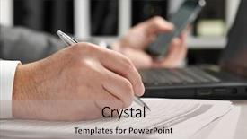  Presentation with audit - Colorful slide deck enhanced with businessman working in an office backdrop and a coral colored foreground