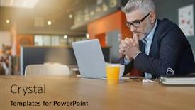  Presentation with cafeteria - Presentation design consisting of businessman working in modern office cafeteria background and a coral colored foreground