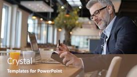  Presentation with cafeteria - Slide deck having businessman working in modern office cafeteria background and a coral colored foreground