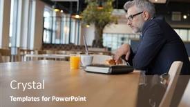  Presentation with cafeteria - Audience pleasing PPT theme consisting of businessman working in modern office cafeteria backdrop and a coral colored foreground