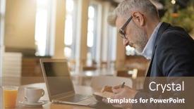  Presentation with cafeteria - PPT theme having businessman working in modern office cafeteria background and a coral colored foreground