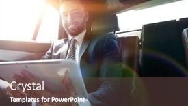  Presentation with car seat - PPT layouts consisting of businessman working in the back seat of a car and using a tablet background and a tawny brown colored foreground