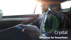  Presentation with car seat - Colorful slide set enhanced with businessman working in the back seat of a car and using a tablet backdrop and a tawny brown colored foreground