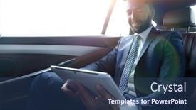  Presentation with car seat - Cool new presentation with businessman working in the back seat of a car and using a tablet backdrop and a ocean colored foreground