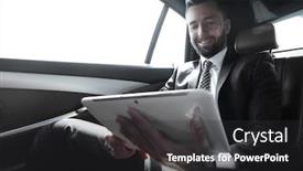  Presentation with car seat - Presentation design featuring businessman working in the back seat of a car and using a tablet background and a dark gray colored foreground