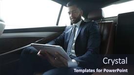  Presentation with car seat - Beautiful PPT theme featuring businessman working in the back seat of a car and using a tablet backdrop and a wine colored foreground