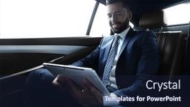  Presentation with car seat - Slide deck consisting of businessman working in the back seat of a car and using a tablet background and a wine colored foreground