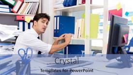  Presentation with piles - Cool new slides with businessman-working-in-the-office backdrop and a teal colored foreground