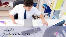  Presentation with piles - PPT layouts consisting of businessman-working-in-the-office background and a light blue colored foreground