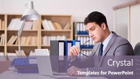  Presentation with working - Slide set enhanced with businessman-working-in-the-office background and a gray colored foreground