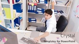  Presentation with piles - Slides enhanced with businessman-working-in-the-office background and a  colored foreground