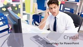  Presentation with piles - Amazing PPT theme having businessman working in the office with piles of books and papers backdrop and a light blue colored foreground